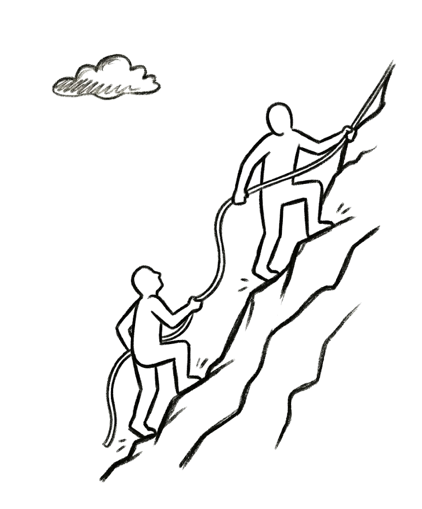 Zwei Figuren am Kletterseil im Aufstieg — wir gründen mit dir